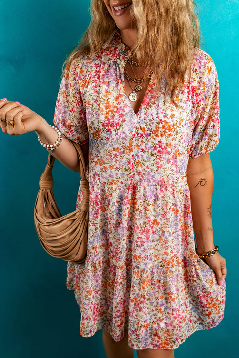 Flirty Floral Fields Puff Sleeve Notched Neck Tiered Mini Dress
